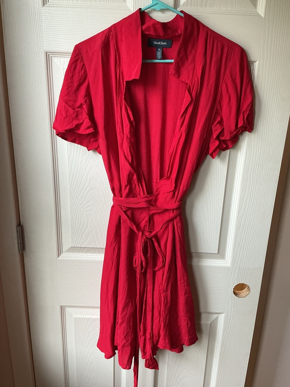 ModCloth Red Short-Sleeve Tie-Waist Mini Dress